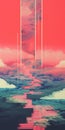 Hyper-detailed Glitch Art: Red And Pink Sky And Clouds Painting