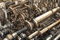 Hyper-Detailed Graphic Art: Intricate Machinery Parts in an Industrial Landscape