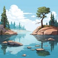 Cartoon Style Illustrations Of Trees On The Bank And Rocks In A Lagoon Royalty Free Stock Photo