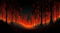 Vibrant Illustration Of A Lovecraftian Fire And Ash Forest At Dusk