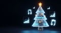A hyper-detailed 3D render of a futuristic holographic low-poly Christmas tree glowing with gold wireframe and abstract data strea Royalty Free Stock Photo