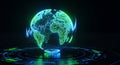 A detailed 3D visualization shows a luminous neon blue holographic globe of circuits and data nodes Royalty Free Stock Photo