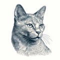 Hyper-detailed Oriental Cat Portrait: Navy And Gray Hand Drawn Image
