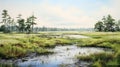 Swampy Meadow And Lake Digital Painting In Dutch Maritime Style