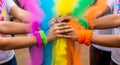 Photorealistic close up of interlocked hands throwing colorful Holi powder, symbolizing unity celebr Royalty Free Stock Photo
