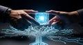 Photorealistic image of two hands, cropped at the wrist, no faces visible, exchanging the high-tech gift a glowing blue data cube Royalty Free Stock Photo