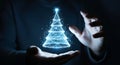 Photorealistic 3D render of human hands, cropped at wrist, interacting with a glowing holographic Christmas tree made of data poin Royalty Free Stock Photo