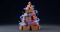 A photorealistic 3D render shows brown shipping boxes geometrically stacked as a Christmas tree, illuminated by studio light and a Royalty Free Stock Photo