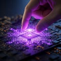 Photorealistic macro shot captures a worker\'s hand meticulously installing a glowing quantum chip onto a futuristic purple-lit ci Royalty Free Stock Photo
