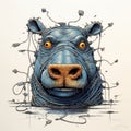 Hyper-detailed Portrait Of A Blue Hippo Surrounded By Electrical Wires