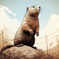 Hyper-detailed Prairiecore Illustration Of A Beaver Standing On A Meadow