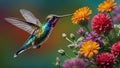 A vibrant, iridescent hummingbird hovers gracefully in mid-air, its wings beating at a dizzying speed as it searches for nectar in