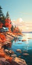 Hyper-detailed Sunset Painting: Cabincore Illustration By The Lake