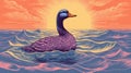 Hyper-detailed Vintage Poster Illustration Of A Duck Swimming At Sunset