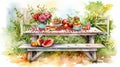 Hyper-detailed Watercolor Painting Of Garden Table With Fruits