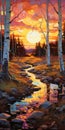 Hyper Detailed Wilderness Sunset Painting With Golden Light