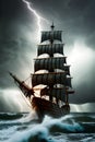 Hyper Fantasy pirate ship in storm sea, Millennium, thunder storm,tornado, high tide, look haunted, AI Generative Royalty Free Stock Photo