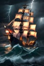 Hyper Fantasy pirate ship in storm sea, Millennium, thunder storm,tornado, high tide, look haunted, AI Generative Royalty Free Stock Photo