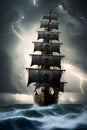 Hyper Fantasy pirate ship in storm sea, Millennium, thunder storm,tornado, high tide, look haunted, AI Generative Royalty Free Stock Photo