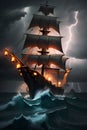 Hyper Fantasy pirate ship in storm sea, Millennium, thunder storm,tornado, high tide, look haunted, AI Generative Royalty Free Stock Photo