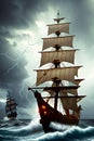 Hyper Fantasy pirate ship in storm sea, Millennium, thunder storm,tornado, high tide, look haunted, AI Generative