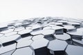 A hyper-modern architectural facade designed entirely from tessellating hexagonal glass panels. The