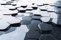 A hyper-modern architectural facade designed entirely from tessellating hexagonal glass panels. The