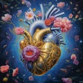 a hyper realist heart made with flowers and silver tech generative AI Royalty Free Stock Photo