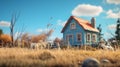 Hyper-realistic Adventure: A Little Blue House In A Field Of Grass Royalty Free Stock Photo