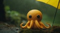 Hyper-realistic Adventure: Orange Octopus With Yellow Umbrella In Unreal Engine
