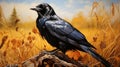 Hyper-realistic Animal Illustrations: Black Crow On Stump