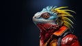 Hyper realistic anthropomorphic colourful lizard iguana in stylish red biker jacket