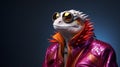 Hyper realistic anthropomorphic lizard iguana in stylish pink jacket on dark background with copy space