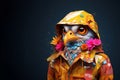 Hyper realistic anthropomorphic sparrow bird in stylish yellow raincoat autumn jacket