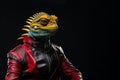 Hyper realistic anthropomorphic yellow blue lizard iguana in stylish red biker jacket