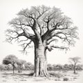 Hyper-realistic Baobab Tree Drawing In Monochromatic Style
