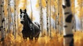 Hyper Realistic Black Horse Feeding In Aspen Tree Grove