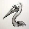 Hyper-realistic Black Sketch Of Pelican Head With Elongated Forms