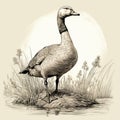 Hyper-realistic Black And White Goose Illustration On Pond Edge