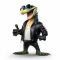 Hyper-realistic Cartoon Alligator In Leather Jacket - Thumbs Up