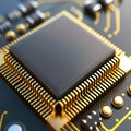 Hyper realistic close up of computer chip with soft glowing circuits for detailed visualization