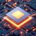 Hyper realistic close up of illuminated computer chip circuitry with intricate details