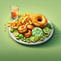 Hyper-realistic 3d Meal: Bagel, Chips, And Mushy Peas Royalty Free Stock Photo