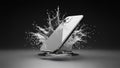 A hyper-realistic 3D smartphone floats mid-air with dramatic water splash and glossy Royalty Free Stock Photo