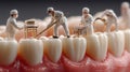 Hyper-realistic dental arch with mini techs perfecting teeth Royalty Free Stock Photo