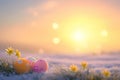 A hyper-realistic depiction of a sunrise scene with Easter motifs subtly integrated