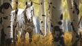 Hyper Realistic Digital Art: White Horse Feeding In Aspen Grove