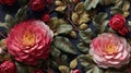 Hyper realistic embroidery camellia rose flowers background