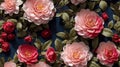 Hyper realistic embroidery camellia rose flowers background