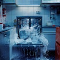 A hyper-realistic extreme long shot photograph of a leaky dishwasher